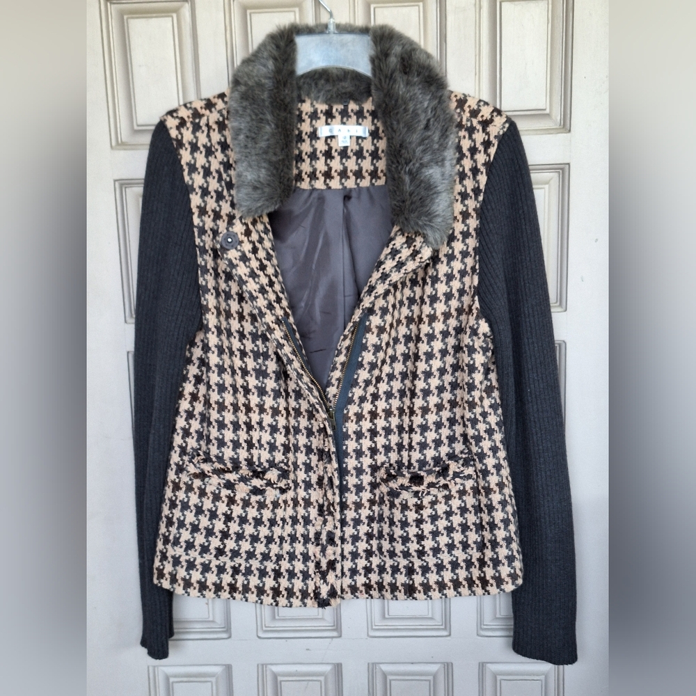 Cabi Sweater Jacket Sz12 Removable Faux Collar Knit Sleeves Houndstooth Tan/Blk